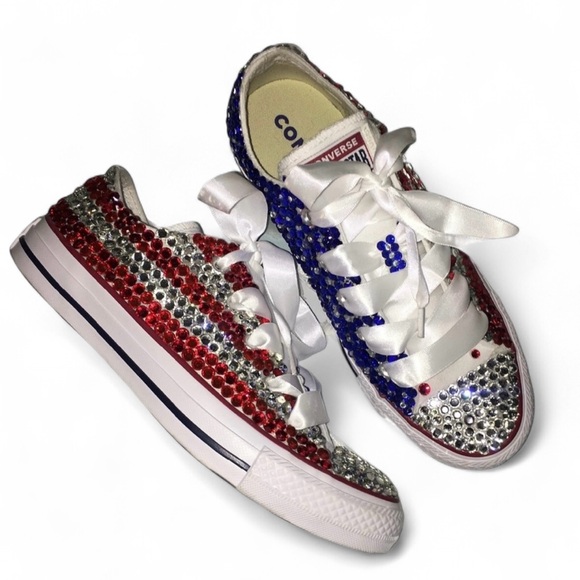 USA Theme Red Sapphire Blue White & Crystal Low Top Converse Sizes 5-14 New - Picture 1 of 12